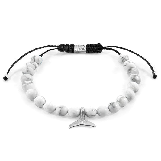White Howlite Think Ocean Mini Whale Silver and Stone Macrame Bracelet