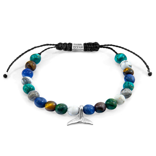 Multicoloured Multi-Gem Think Ocean Mini Whale Silver and Stone Macrame Bracelet