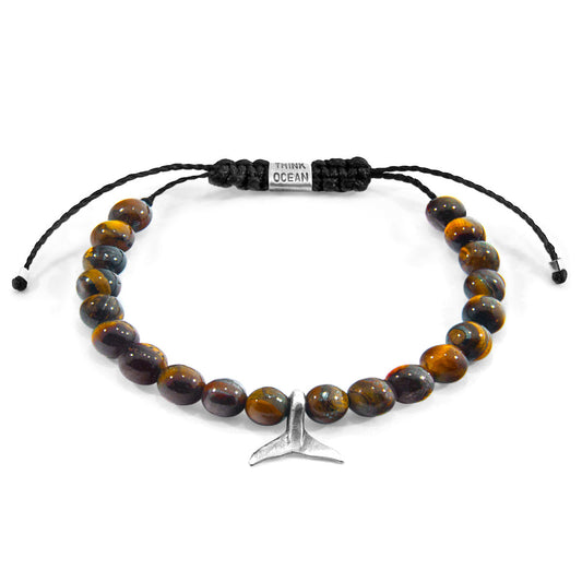 Brown Tigers Eye Think Ocean Mini Whale Silver and Stone Macrame Bracelet