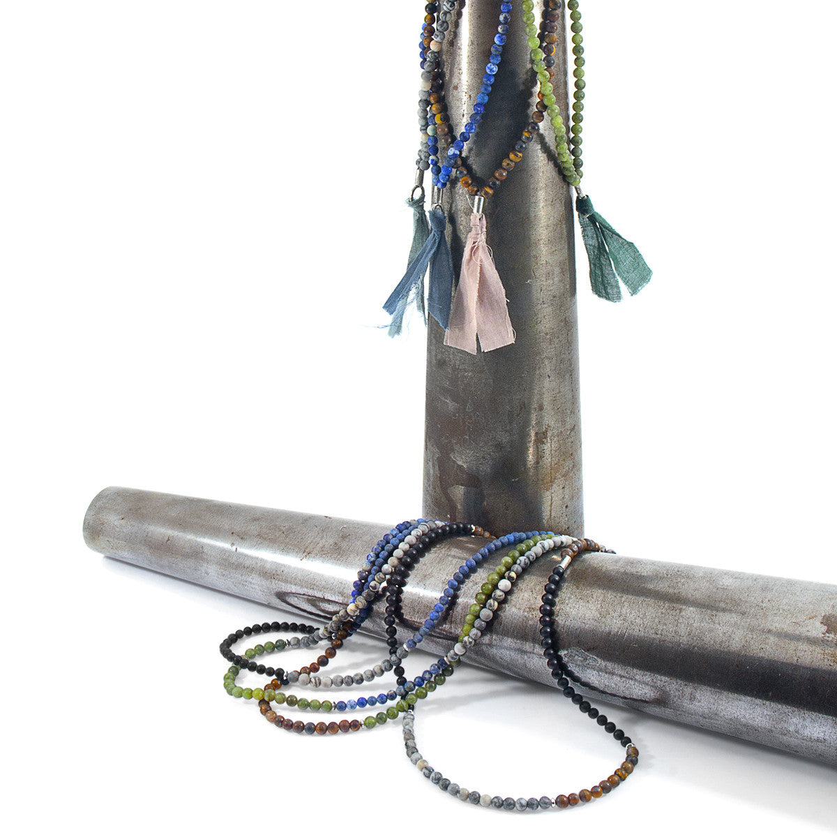 Grey Jasper Luke Silver, Stone and Cotton Voile SKINNY Necklace X Wrap Bracelet