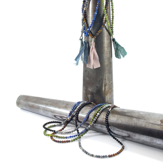 Brown Tigers Eye Luke Silver, Stone and Cotton Voile SKINNY Necklace X Wrap Bracelet