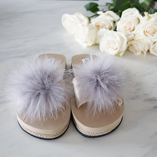 Mink Pom Pom Real Fur Slide – Espadrille Flat Sandals for Women