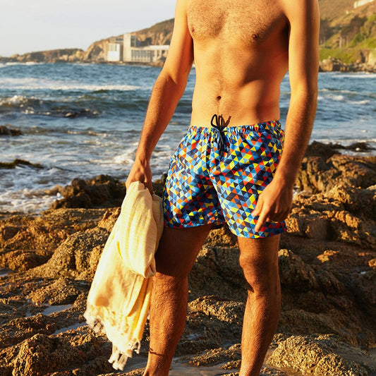 Classic Geometrical Blue Sustainable Swim Trunk  Where Bold Design Meets Eco-Performance