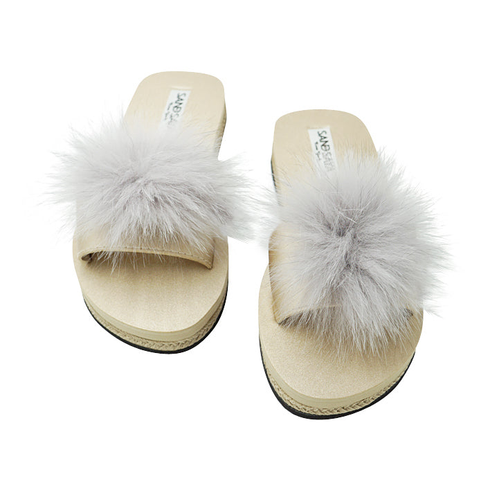 Mink Pom Pom Real Fur Slide – Espadrille Flat Sandals for Women