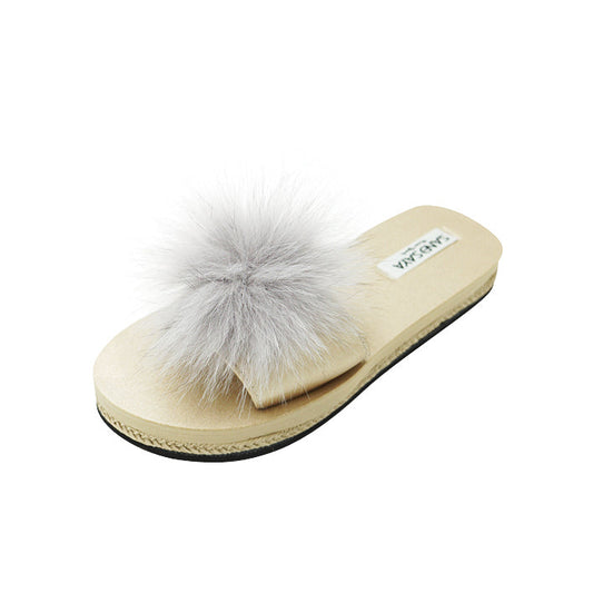 Mink Pom Pom Real Fur Slide – Espadrille Flat Sandals for Women