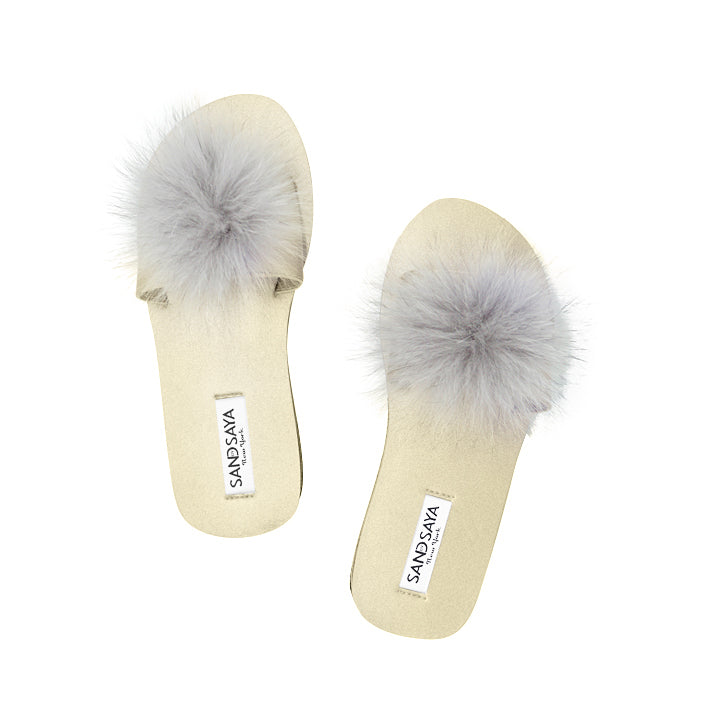 Mink Pom Pom Real Fur Slide – Espadrille Flat Sandals for Women