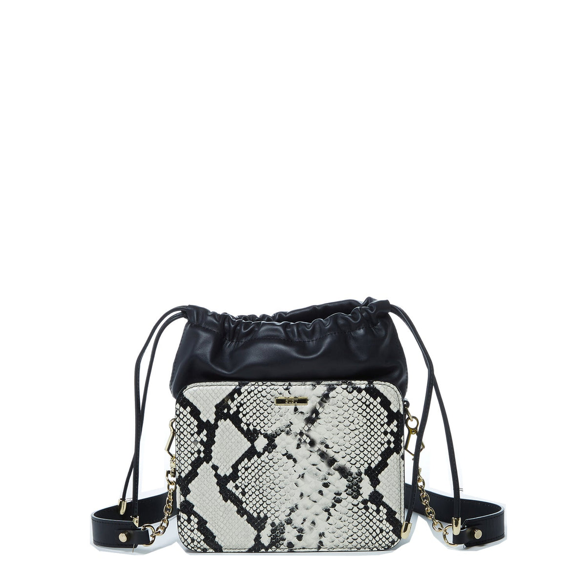 Leather Bucket Bag Black Purse Snakeskin Drawstring Design Medium Size Bag