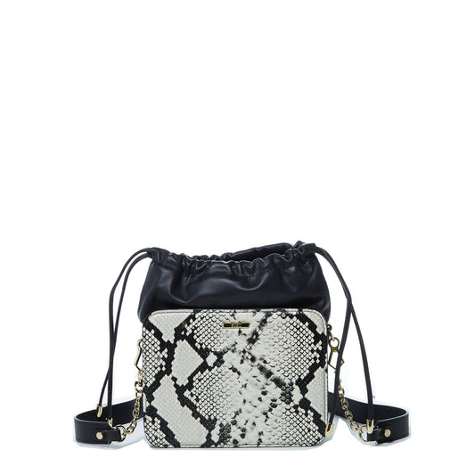 Leather Bucket Bag Black Purse Snakeskin Drawstring Design Medium Size Bag