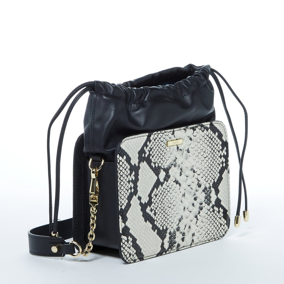 Leather Bucket Bag Black Purse Snakeskin Drawstring Design Medium Size Bag