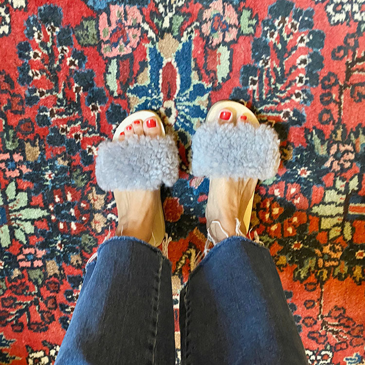 Gray Sheep Fur Slide – Espadrille Flat Sandals