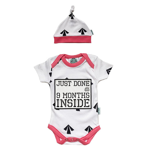Just Done 9 Months Inside® Arrow Romper & Hat Gift Bundle | A Welcome-Home Outfit That Says It All