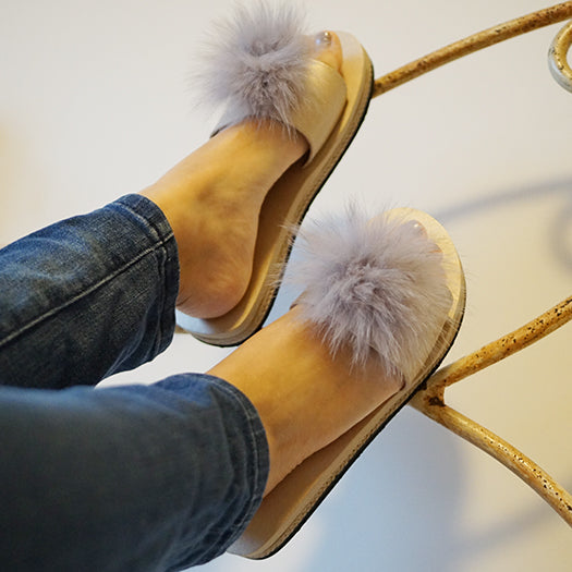Mink Pom Pom Real Fur Slide – Espadrille Flat Sandals for Women