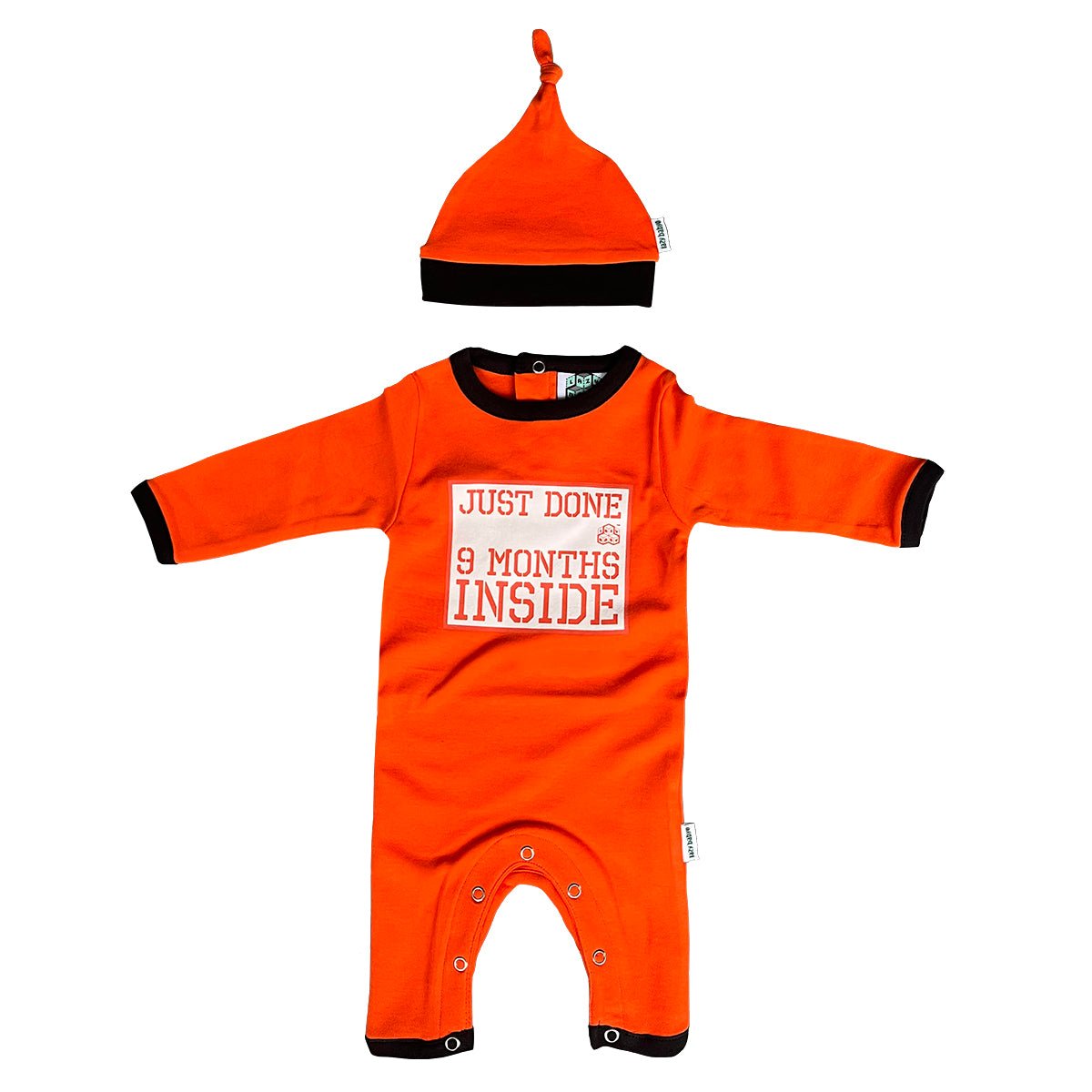 New Baby Announcement Outfit- Just Done 9 Months Inside® Orange Baby Grow Prison Outfit - Lazy Baby®