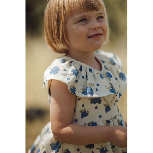 Organic Blueberry Frill Dress – Soft Muslin Cotton Comfort