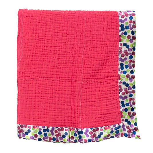 Organic Cotton Gauze Baby Blanket – “Polka Dot Satin Trim”  Designed by Young Artist Rio Tuff (Age 7)